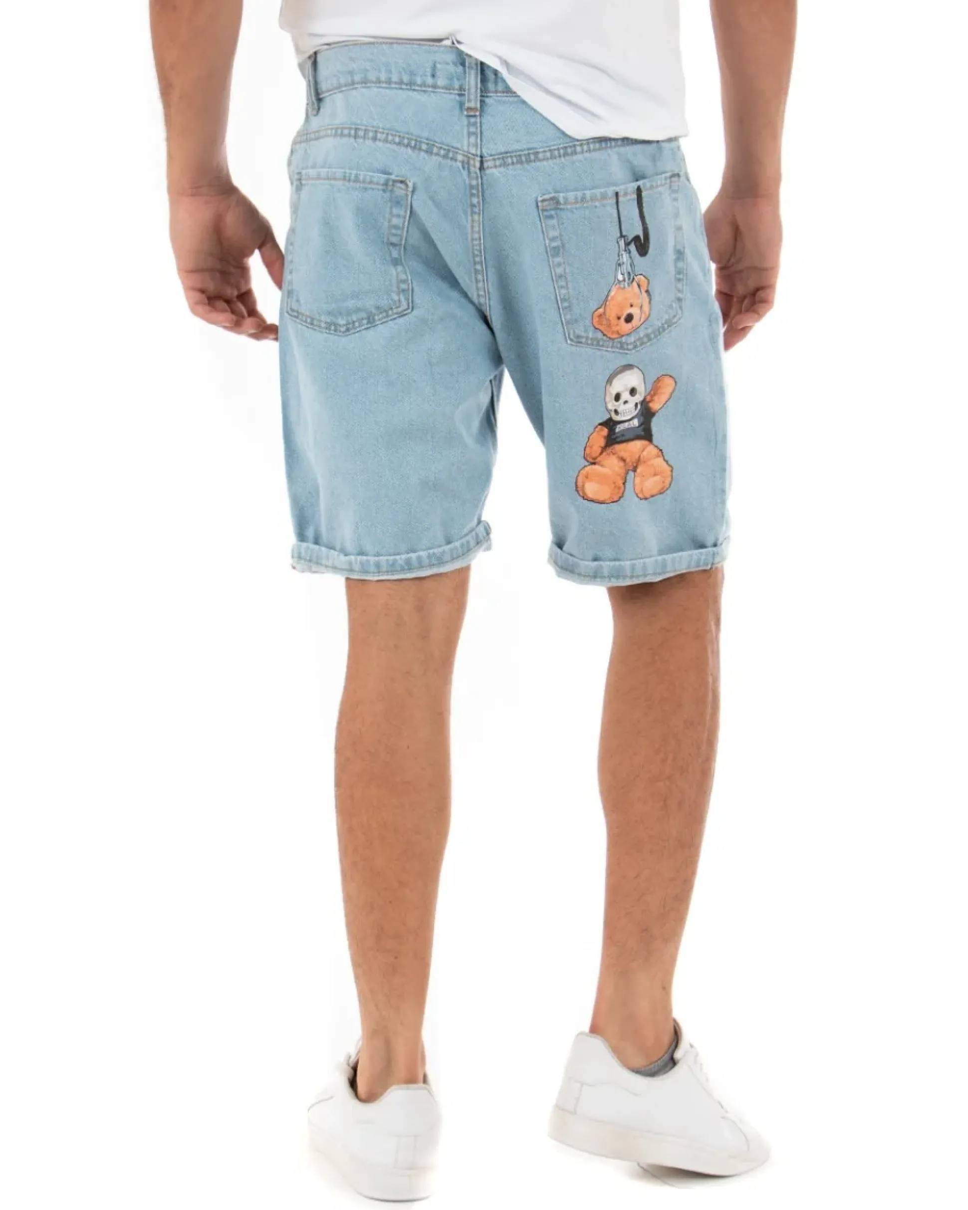 Bermuda Pantaloncini Uomo Corti Jeans Casual Con Stampa Regular Fit Denim Chiaro GIOSAL-PC1791A