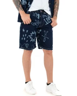 Bermuda Pantaloncini Uomo Corti Jeans Cinque Tasche Casual Regular Fit Stampa Graffiti Printed Denim Scuro GIOSAL-PC1767A