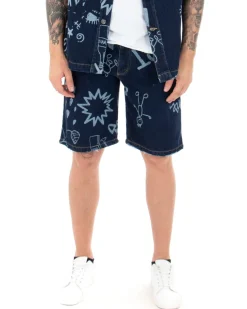 Bermuda Pantaloncini Uomo Corti Jeans Cinque Tasche Casual Regular Fit Stampa Graffiti Printed Denim Scuro GIOSAL-PC1767A