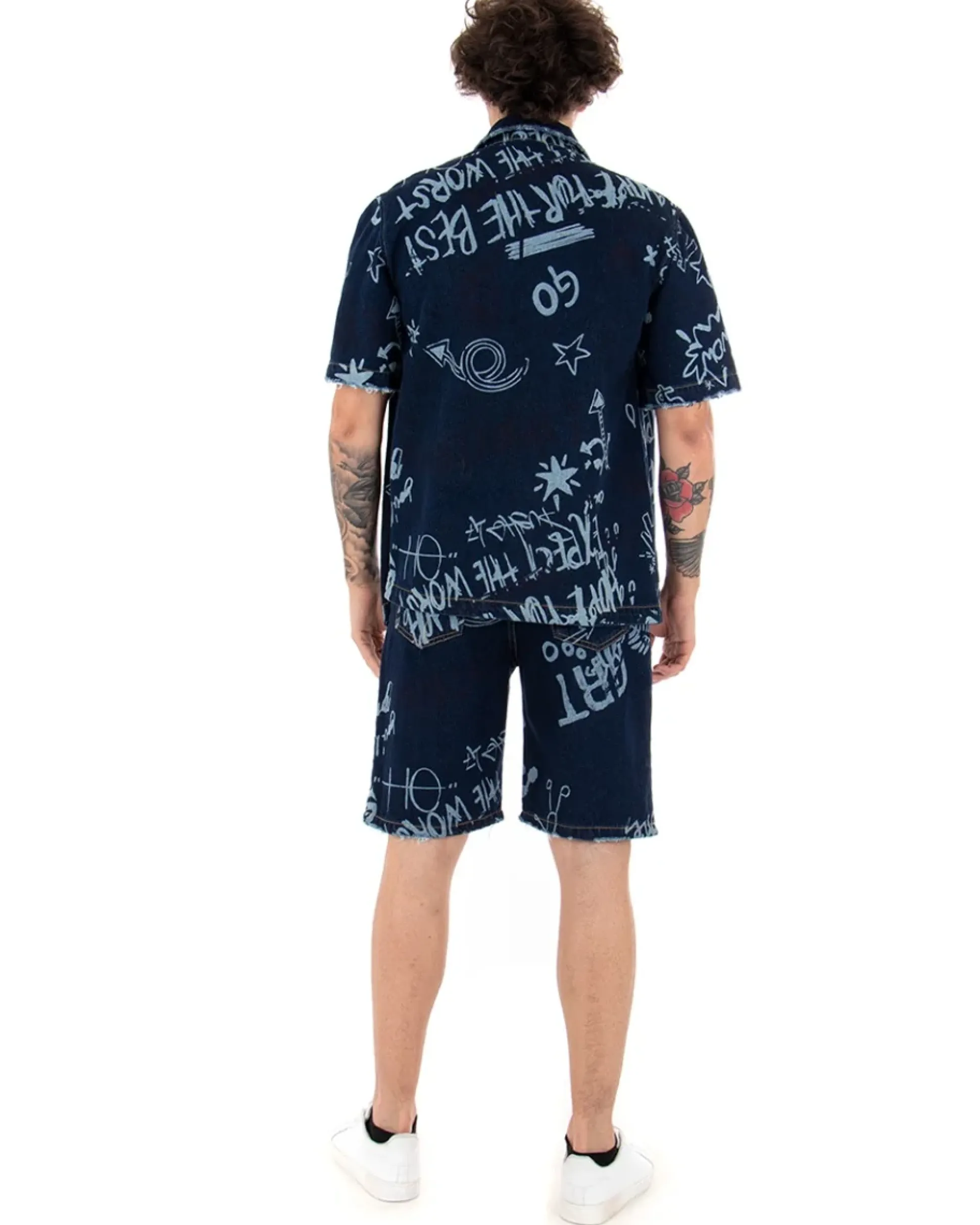 Bermuda Pantaloncini Uomo Corti Jeans Cinque Tasche Casual Regular Fit Stampa Graffiti Printed Denim Scuro GIOSAL-PC1767A