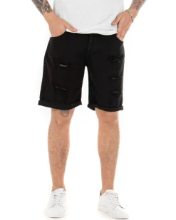 Bermuda Pantaloncini Uomo Corti Comodi Con Rotture Cinque Tasche Regular Fit Casual Tinta Unita Nero GIOSAL-PC1761A