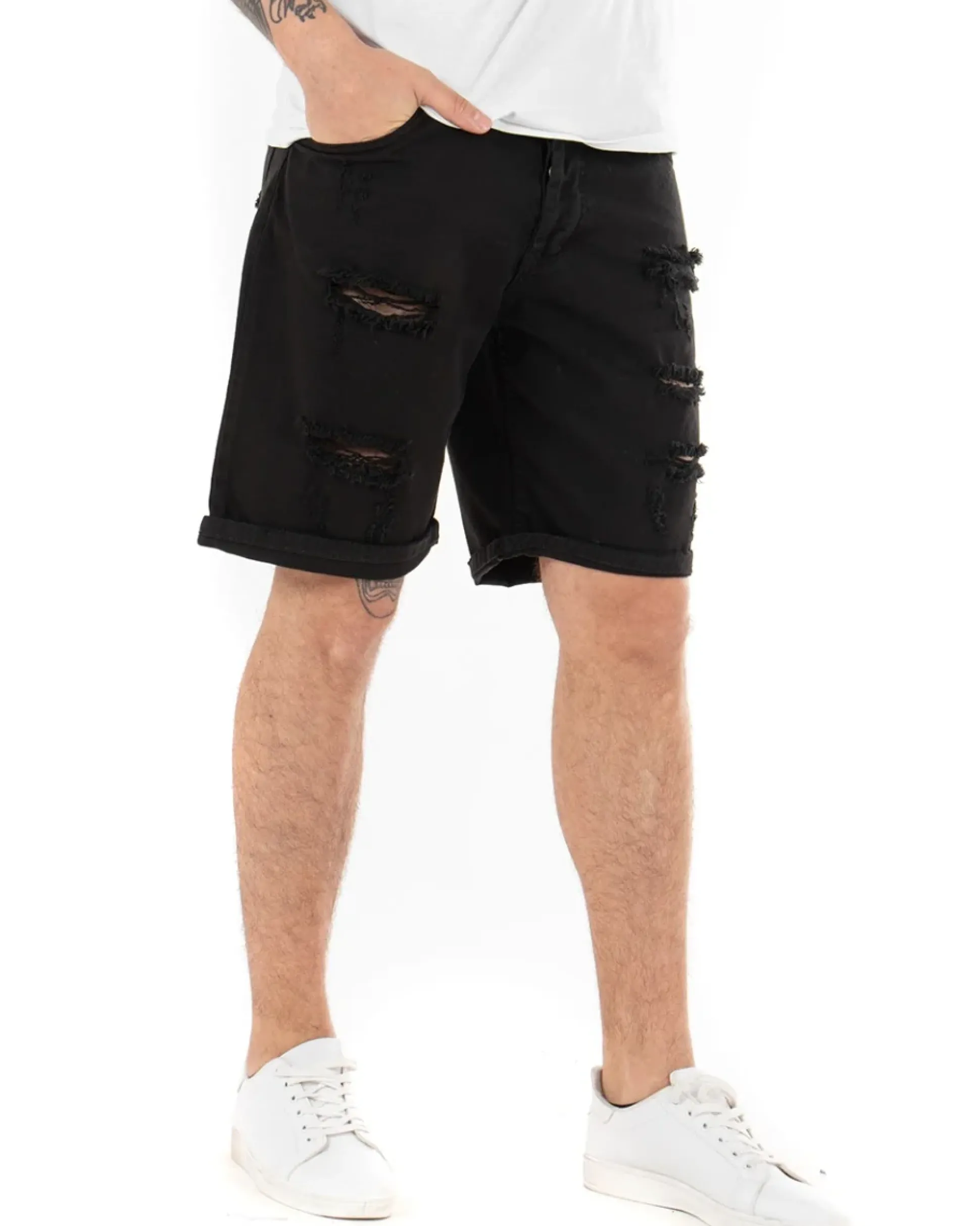 Bermuda Pantaloncini Uomo Corti Comodi Con Rotture Cinque Tasche Regular Fit Casual Tinta Unita Nero GIOSAL-PC1761A