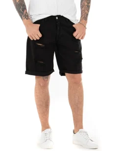 Bermuda Pantaloncini Uomo Corti Comodi Con Rotture Cinque Tasche Regular Fit Casual Tinta Unita Nero GIOSAL-PC1761A