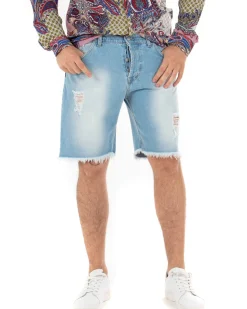 Bermuda Pantaloncini Uomo Corti Jeans Rotture Cinque Tasche Sfrangiato Casual Denim Chiaro GIOSAL-PC1850A