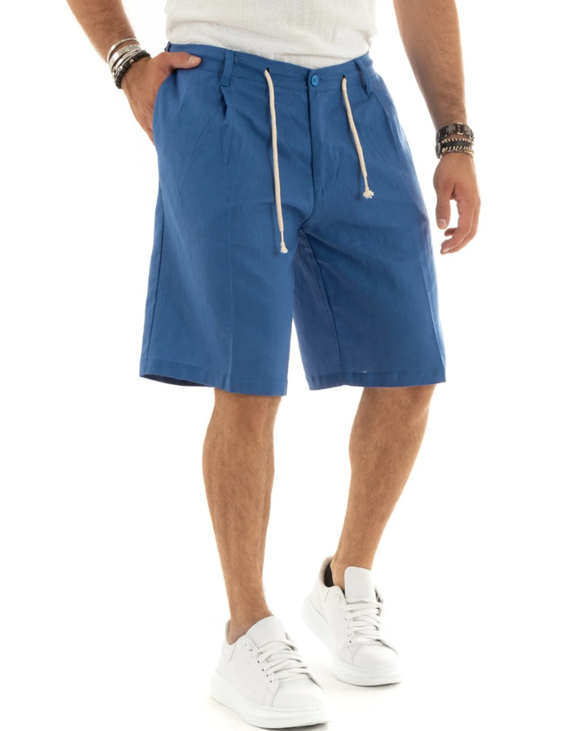 Bermuda Pantaloncini Uomo Corti Lino Sartoriale Con Laccetto Blu Royal GIOSAL-PC1927A