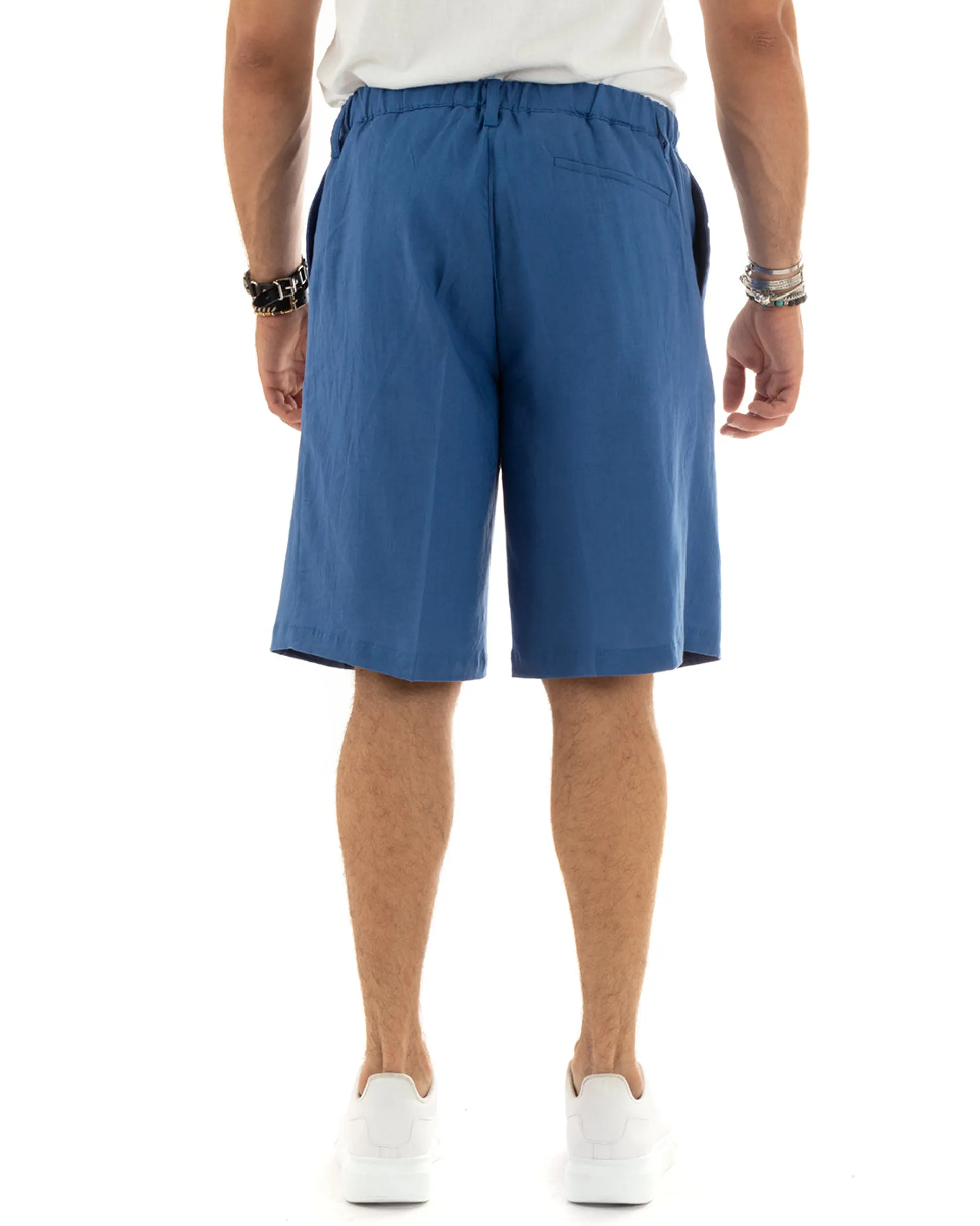 Bermuda Pantaloncini Uomo Corti Lino Sartoriale Con Laccetto Blu Royal GIOSAL-PC1927A