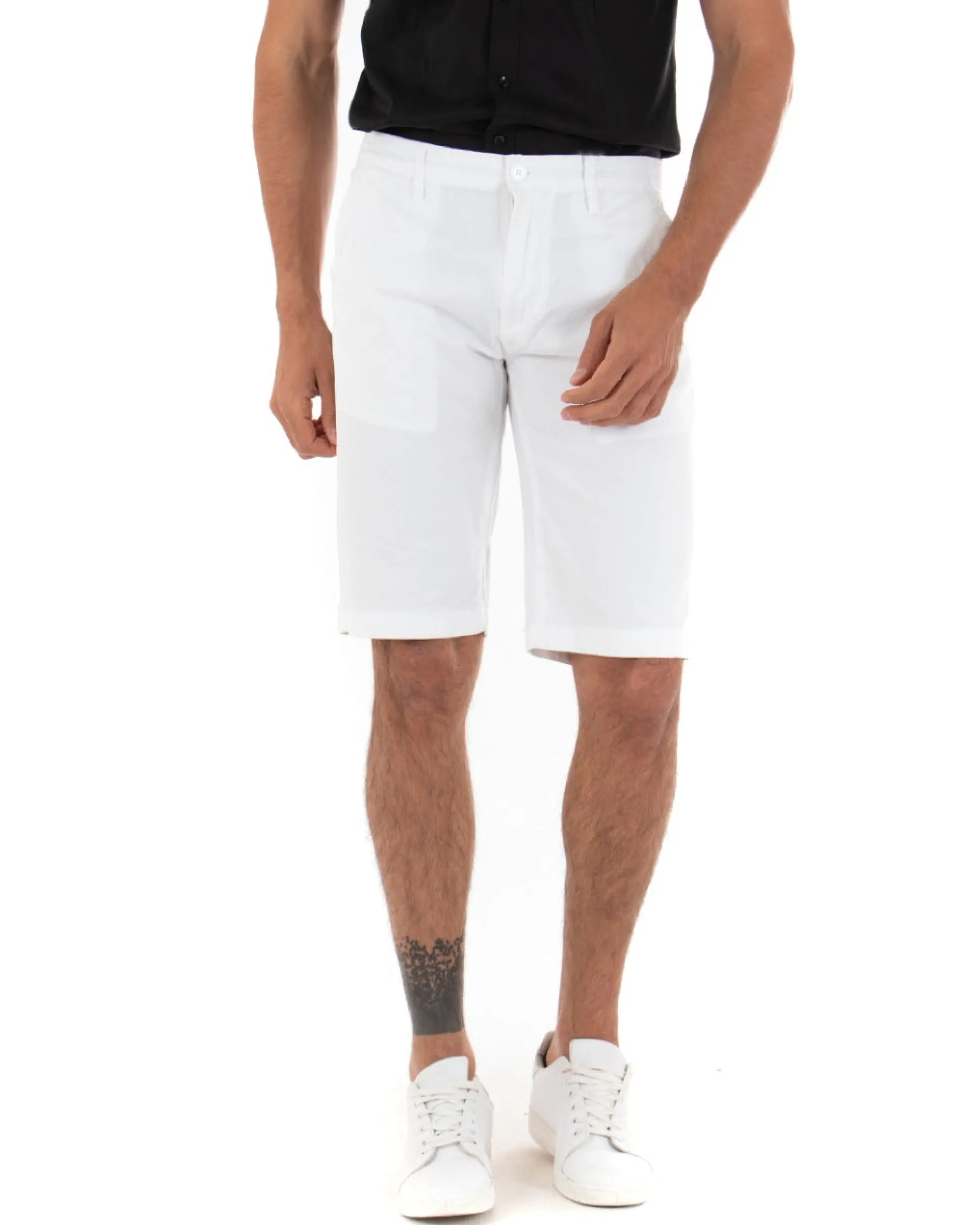Bermuda Pantaloncini Uomo Corti Classici Casual Basic Con Tasca America Cotone Tinta Unita Bianco GIOSAL-PC1720A