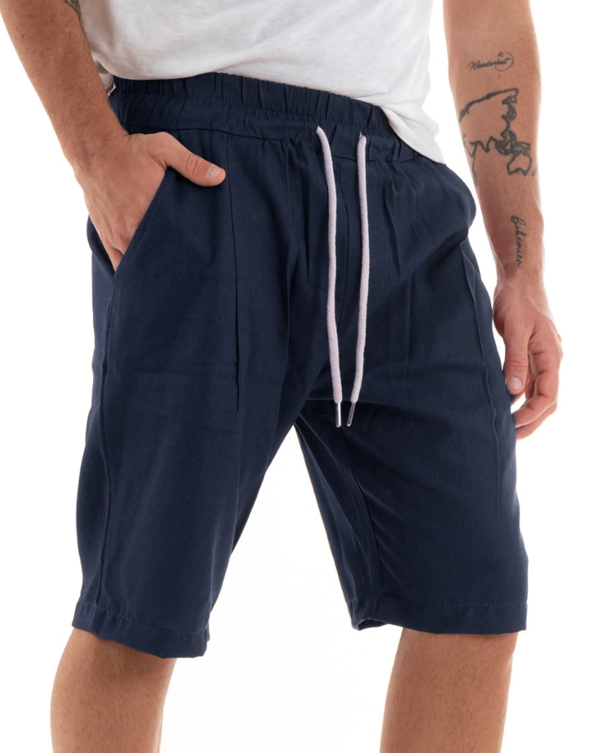 Bermuda Pantaloncini Uomo Corti Lino Pantalaccio Basic Blu GIOSAL-PC1921A