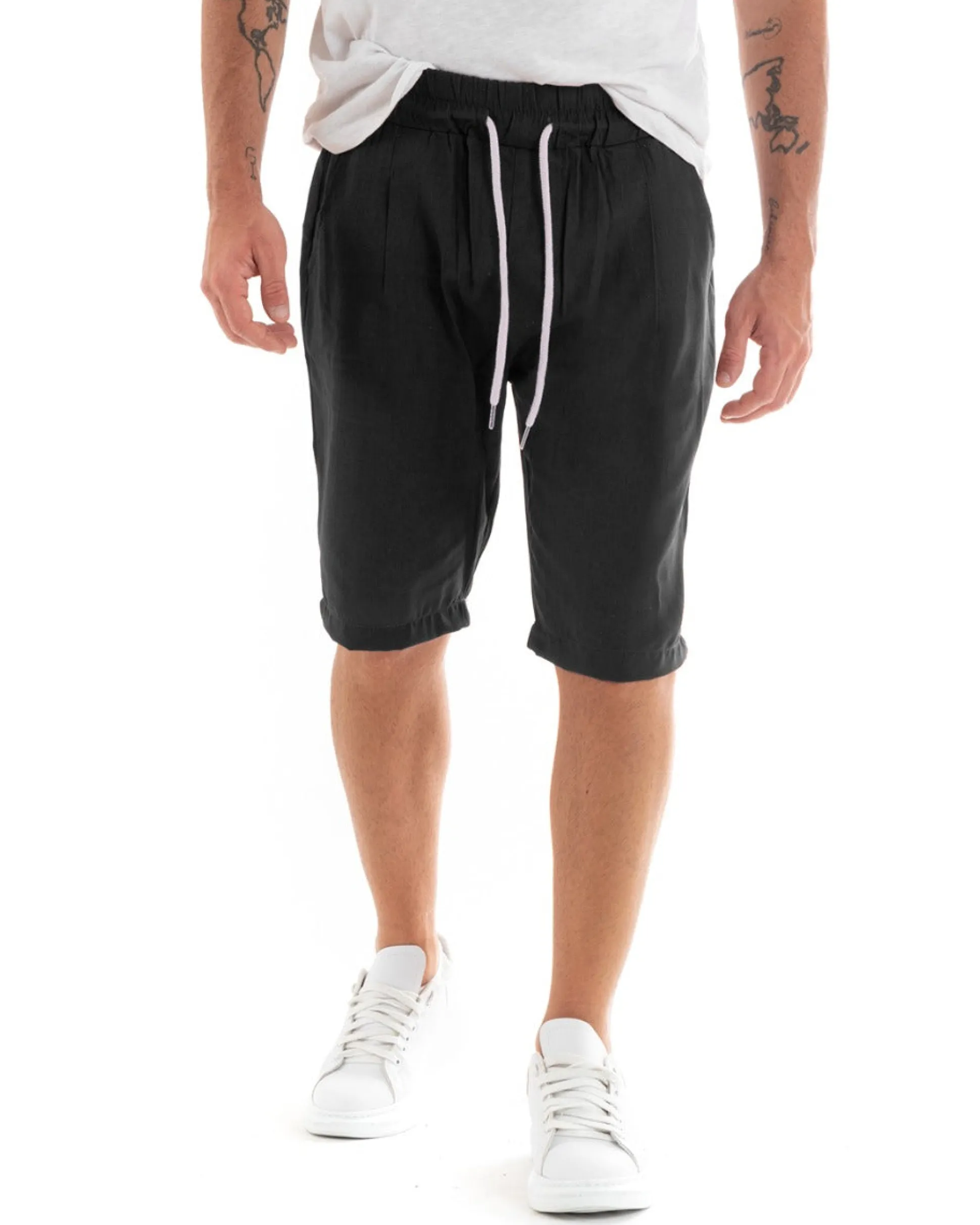 Bermuda Pantaloncini Uomo Corti Lino Pantalaccio Basic Nero GIOSAL-PC1922A