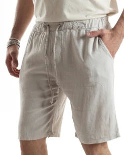Bermuda Pantaloncini Uomo Corti Lino Jogger Basic Tinta Unita Beige GIOSAL-PC1949A