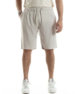 Bermuda Pantaloncini Uomo Corti Lino Jogger Basic Tinta Unita Beige GIOSAL-PC1949A