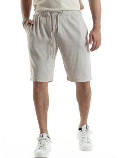 Bermuda Pantaloncini Uomo Corti Lino Jogger Basic Tinta Unita Beige GIOSAL-PC1949A