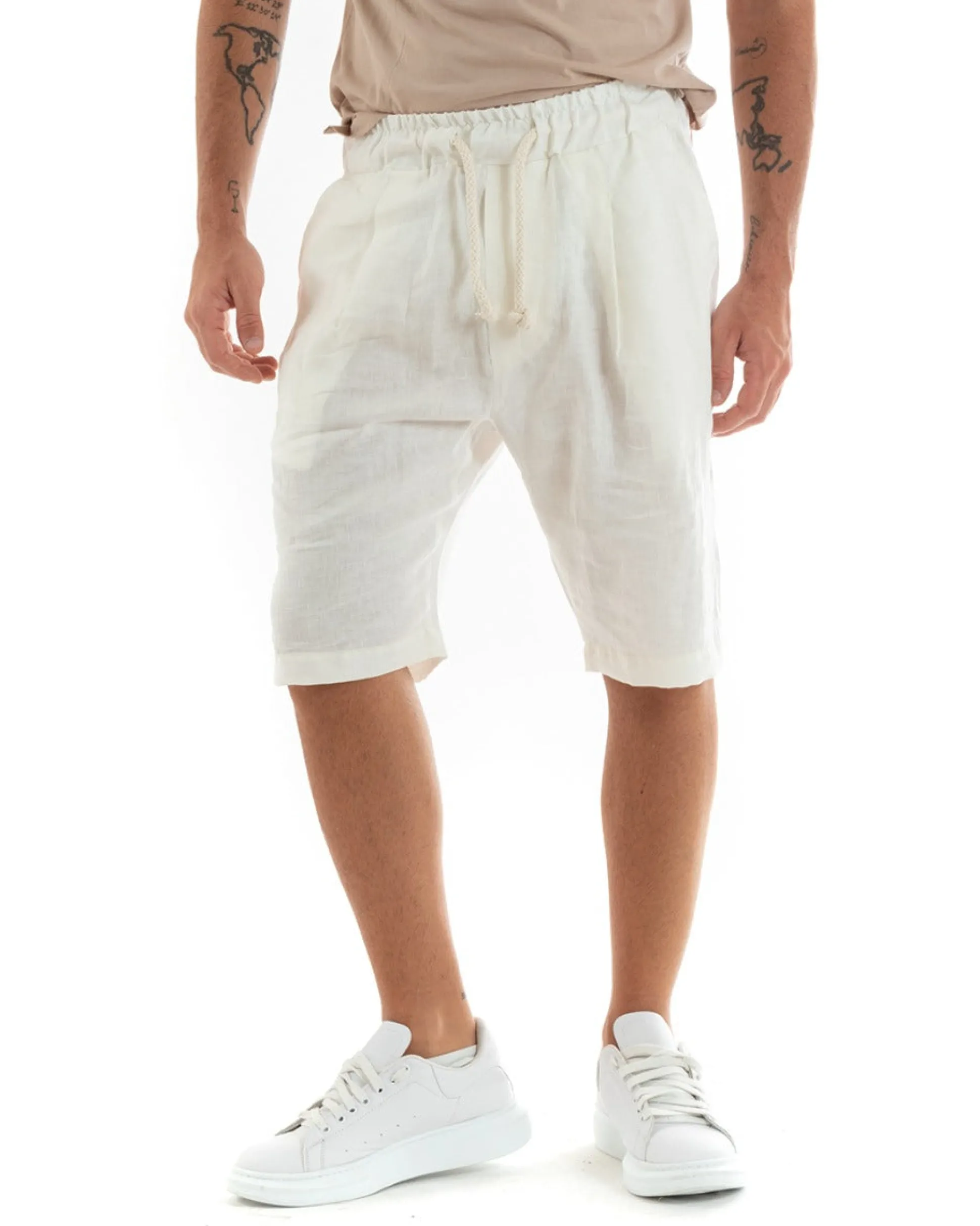 Bermuda Pantaloncini Uomo Corti Lino Pantalaccio Basic Bianco GIOSAL-PC1926A