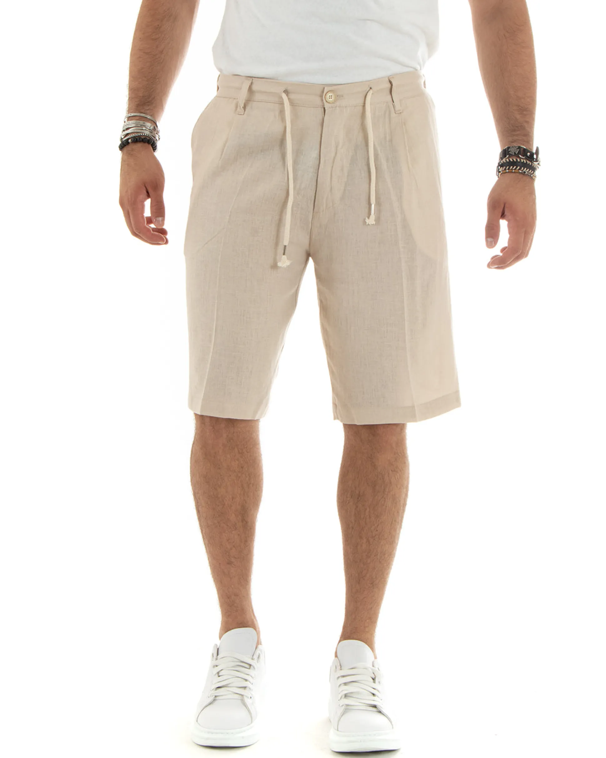Bermuda pantaloncini uomo corti lino sartoriale con laccetto beige GIOSAL-PC1930A