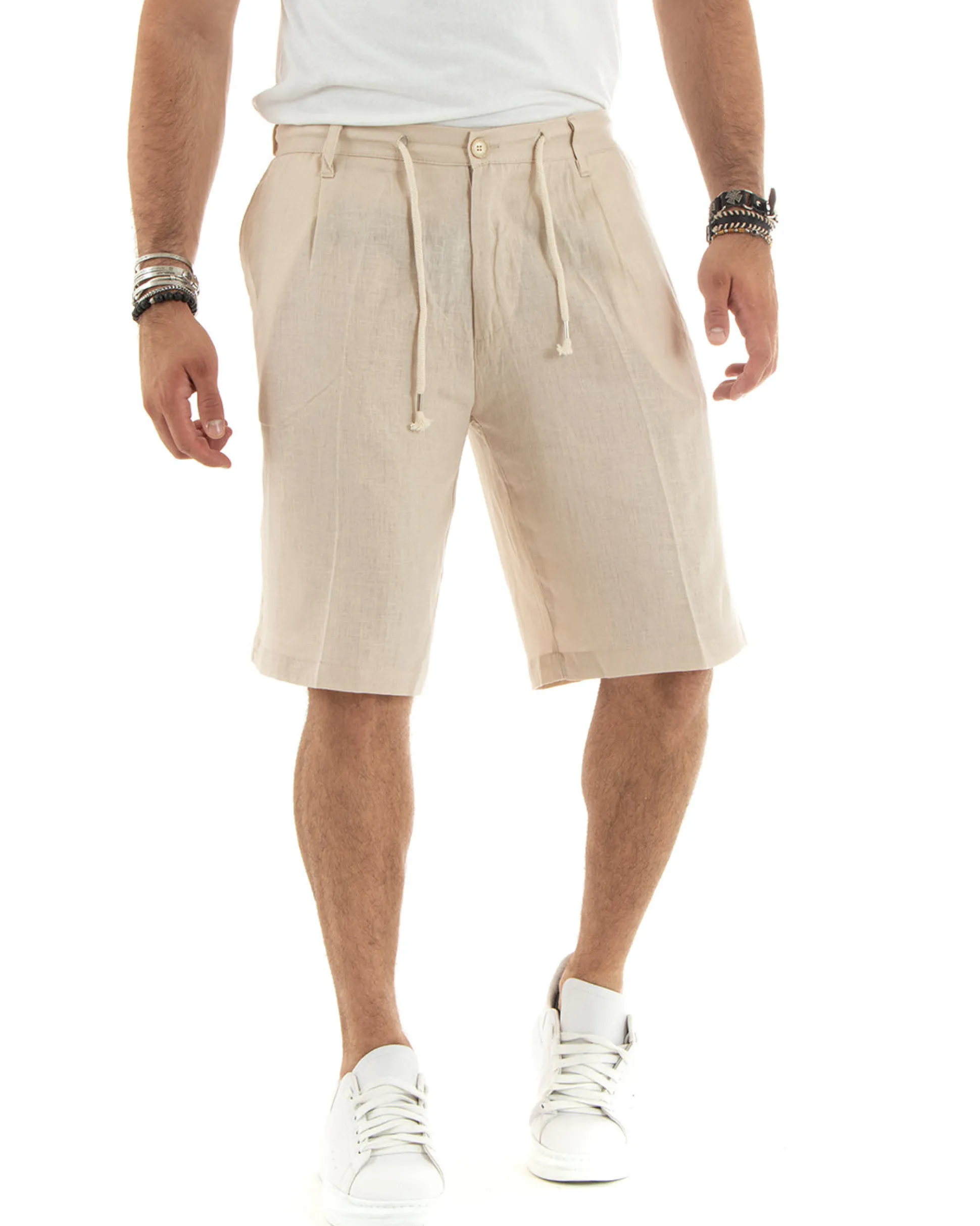 Bermuda pantaloncini uomo corti lino sartoriale con laccetto beige GIOSAL-PC1930A