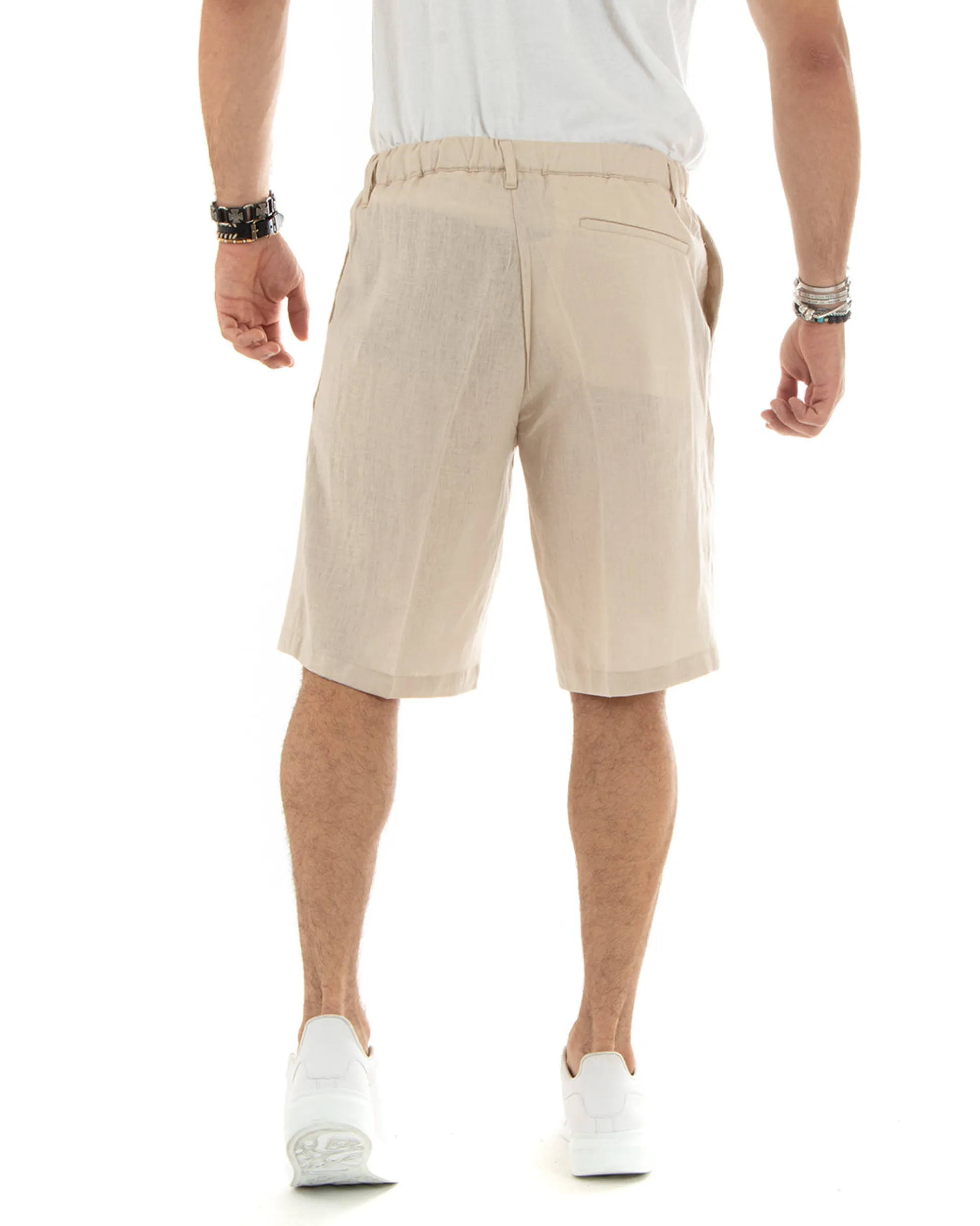 Bermuda pantaloncini uomo corti lino sartoriale con laccetto beige GIOSAL-PC1930A
