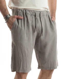 Bermuda Pantaloncini Uomo Corti Lino Jogger Basic Tinta Unita Fango GIOSAL-PC1947A