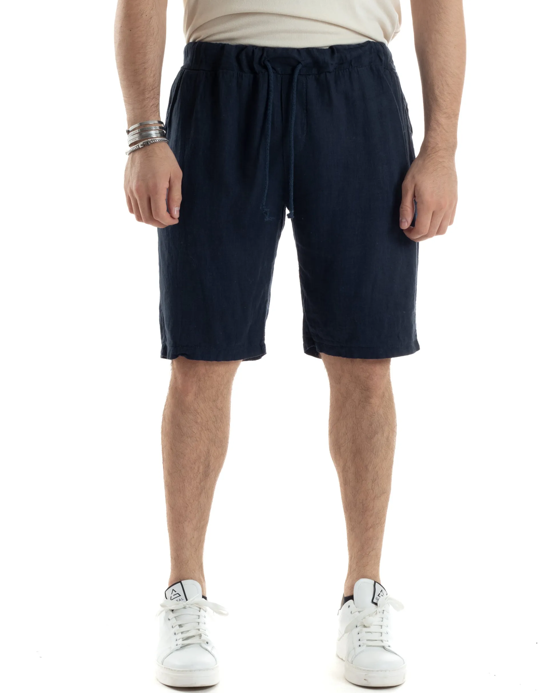 Bermuda Pantaloncini Uomo Corti Lino Jogger Basic Tinta Unita Blu GIOSAL-PC1948A