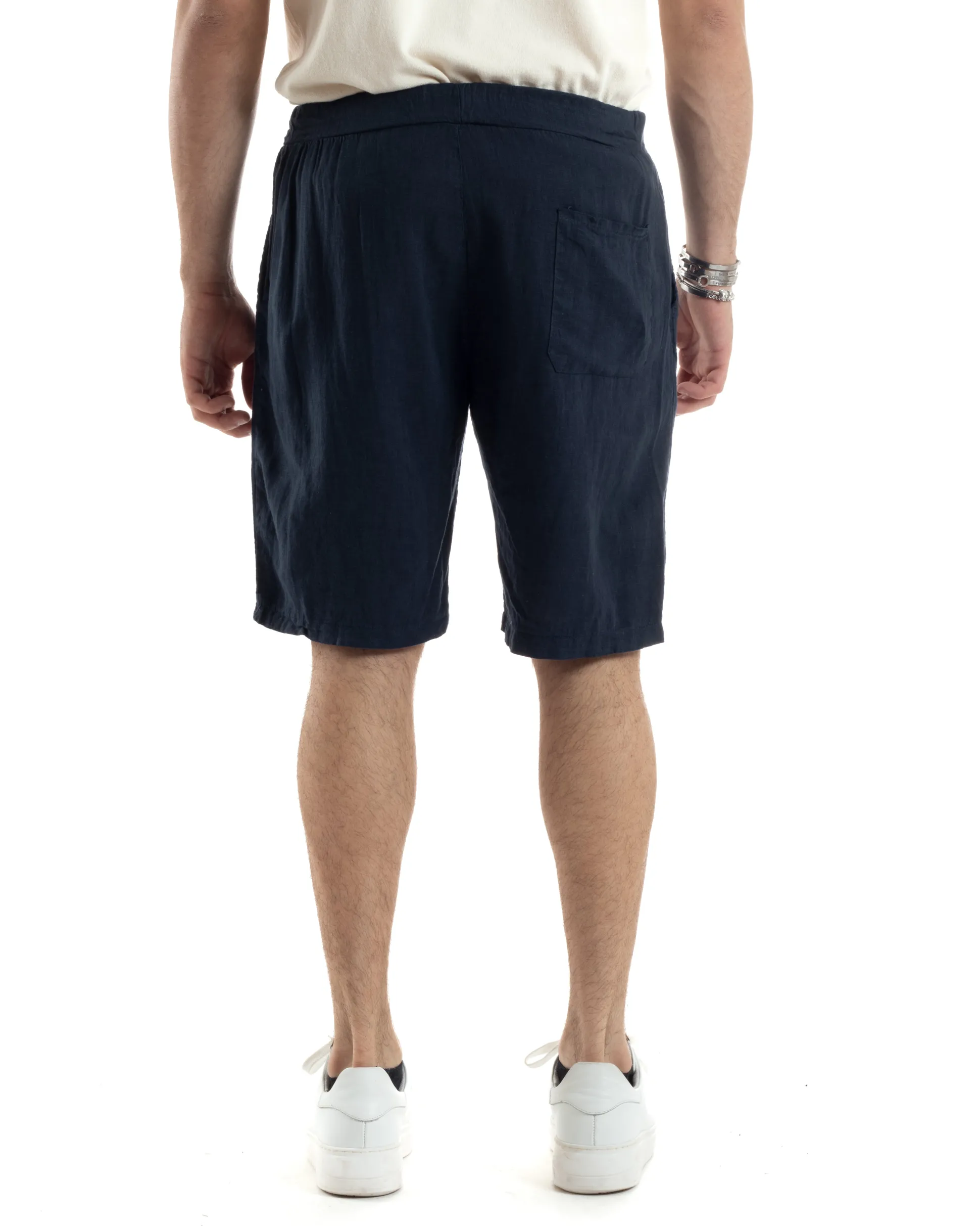 Bermuda Pantaloncini Uomo Corti Lino Jogger Basic Tinta Unita Blu GIOSAL-PC1948A