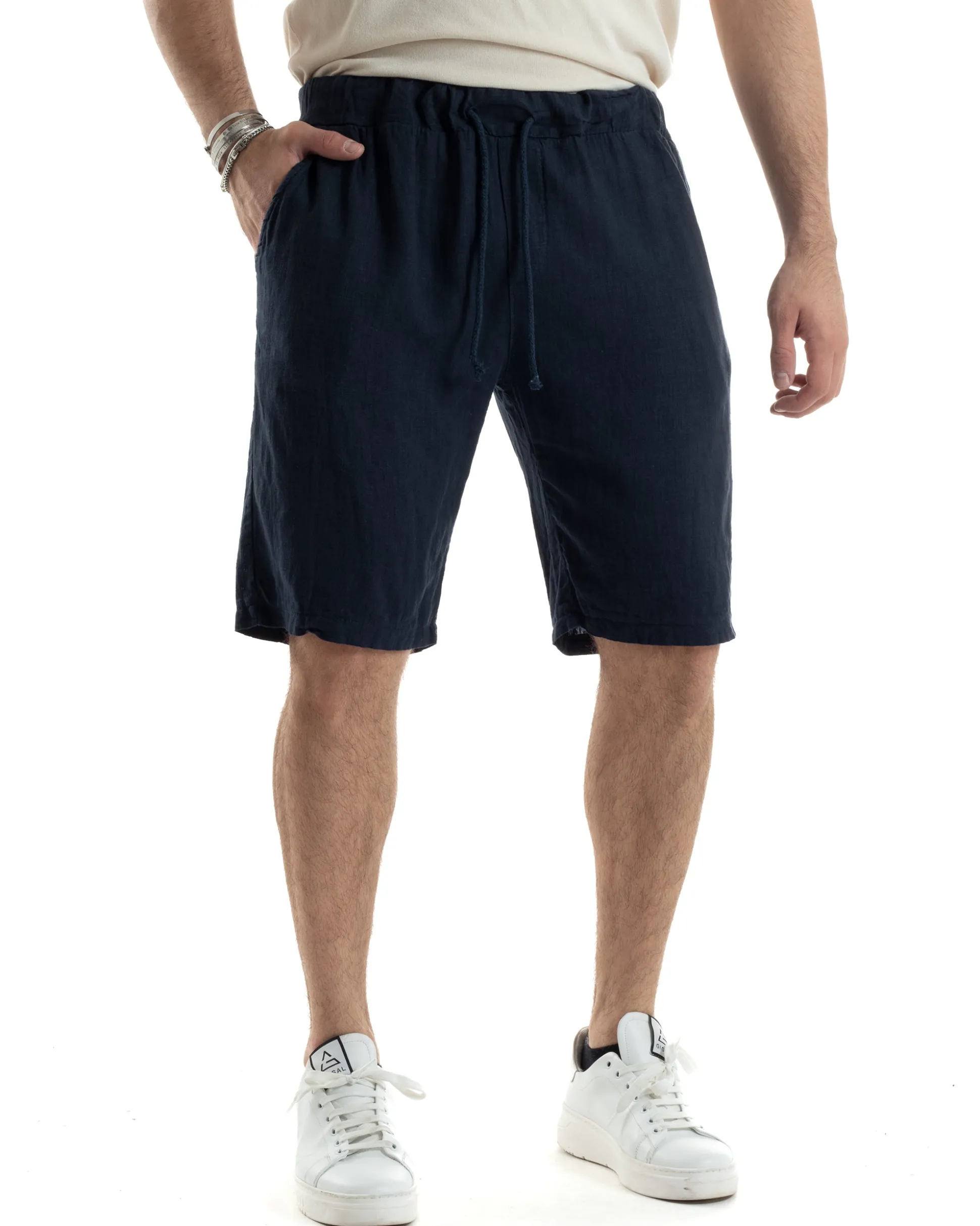 Bermuda Pantaloncini Uomo Corti Lino Jogger Basic Tinta Unita Blu GIOSAL-PC1948A