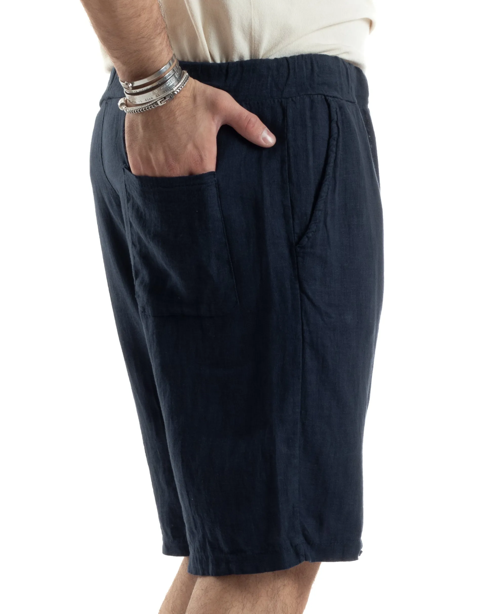 Bermuda Pantaloncini Uomo Corti Lino Jogger Basic Tinta Unita Blu GIOSAL-PC1948A