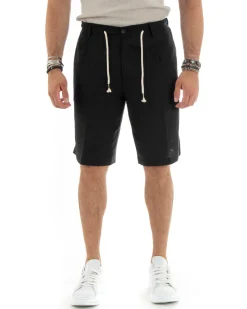 Bermuda pantaloncini uomo corti lino sartoriale con laccetto nero GIOSAL-PC1929A