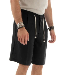 Bermuda pantaloncini uomo corti lino sartoriale con laccetto nero GIOSAL-PC1929A