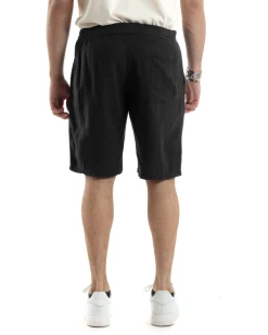 Bermuda Pantaloncini Uomo Corti Lino Jogger Basic Tinta Unita Nero GIOSAL-PC1944A
