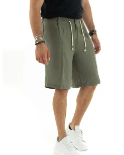 Bermuda pantaloncini uomo corti lino sartoriale con laccetto verde GIOSAL-PC1931A