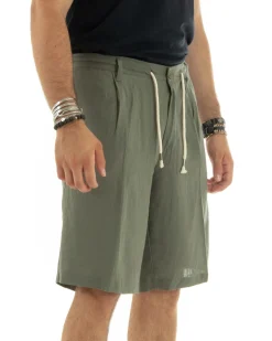 Bermuda pantaloncini uomo corti lino sartoriale con laccetto verde GIOSAL-PC1931A