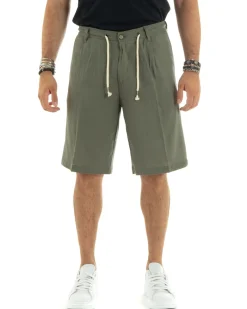 Bermuda pantaloncini uomo corti lino sartoriale con laccetto verde GIOSAL-PC1931A