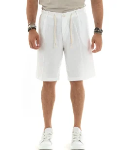Bermuda pantaloncini uomo corti lino sartoriale con laccetto bianco GIOSAL-PC1932A