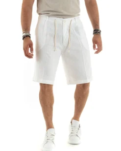 Bermuda pantaloncini uomo corti lino sartoriale con laccetto bianco GIOSAL-PC1932A