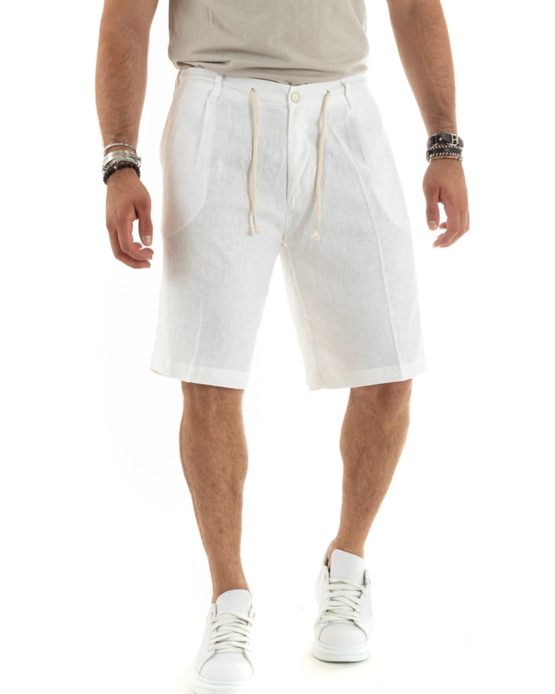 Bermuda pantaloncini uomo corti lino sartoriale con laccetto bianco GIOSAL-PC1932A