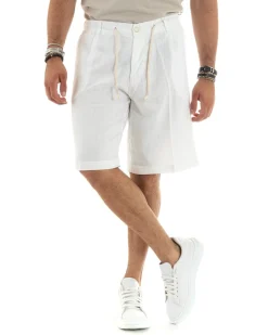 Bermuda pantaloncini uomo corti lino sartoriale con laccetto bianco GIOSAL-PC1932A