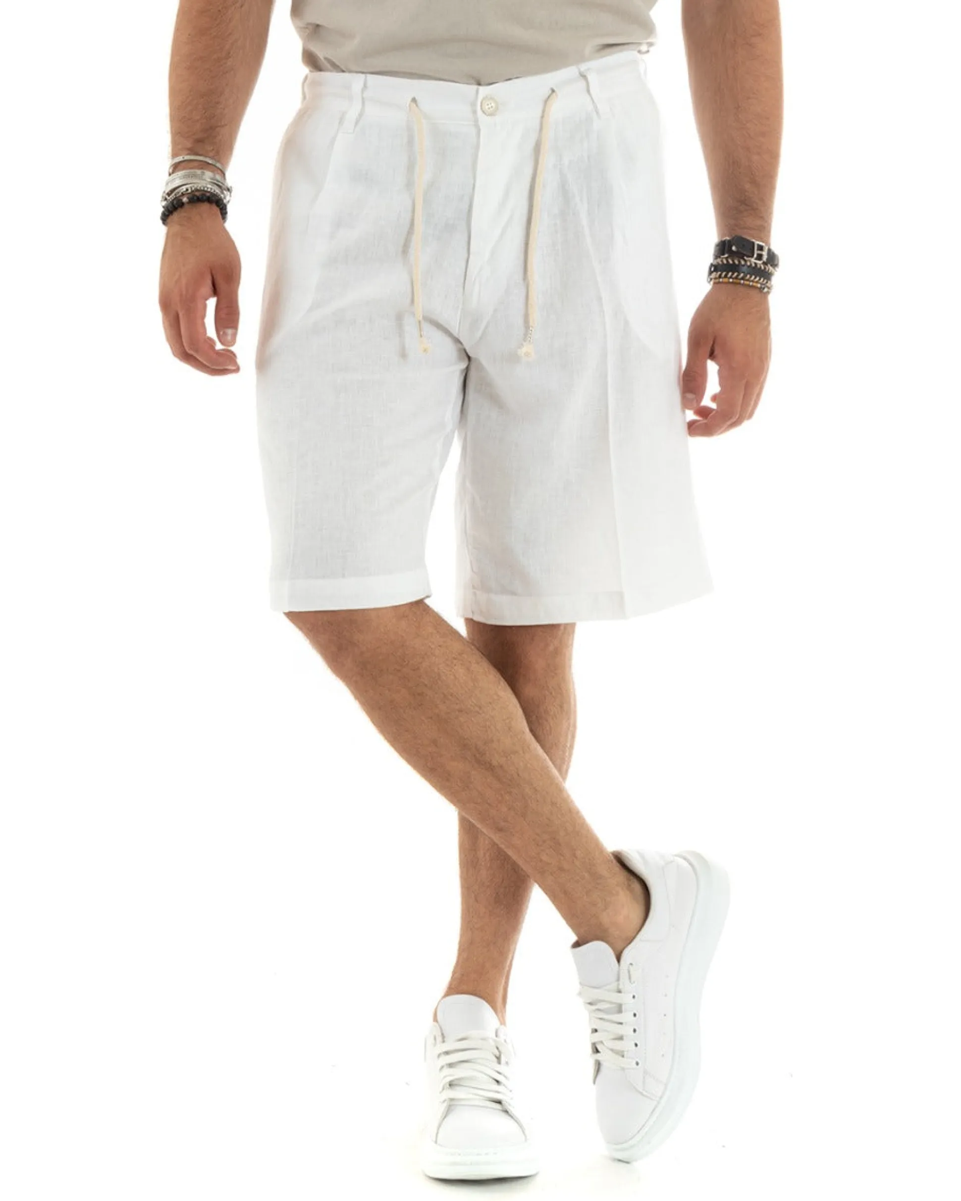 Bermuda pantaloncini uomo corti lino sartoriale con laccetto bianco GIOSAL-PC1932A