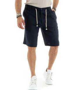 Bermuda pantaloncini uomo corti lino sartoriale con laccetto blu GIOSAL-PC1928A