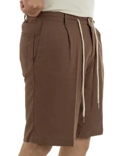 Bermuda pantaloncini uomo corti lino sartoriale con laccetto marrone GIOSAL-PC2047A