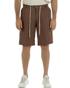 Bermuda pantaloncini uomo corti lino sartoriale con laccetto marrone GIOSAL-PC2047A