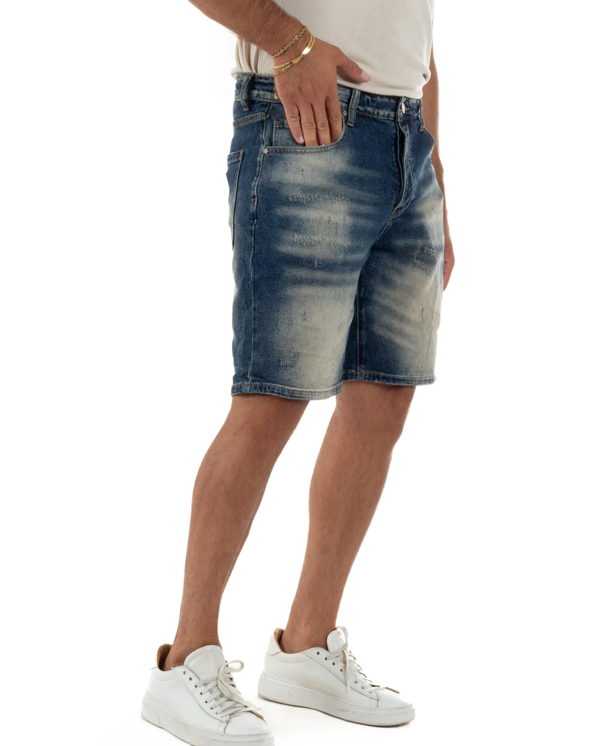 Bermuda pantaloncini uomo jeans effetto vintage cinque tasche denim sabbiato GIOSAL-PC2056A