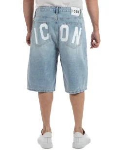 Bermuda pantaloncini uomo jeans oversize con catena e logo street style denim ICON-IUD007