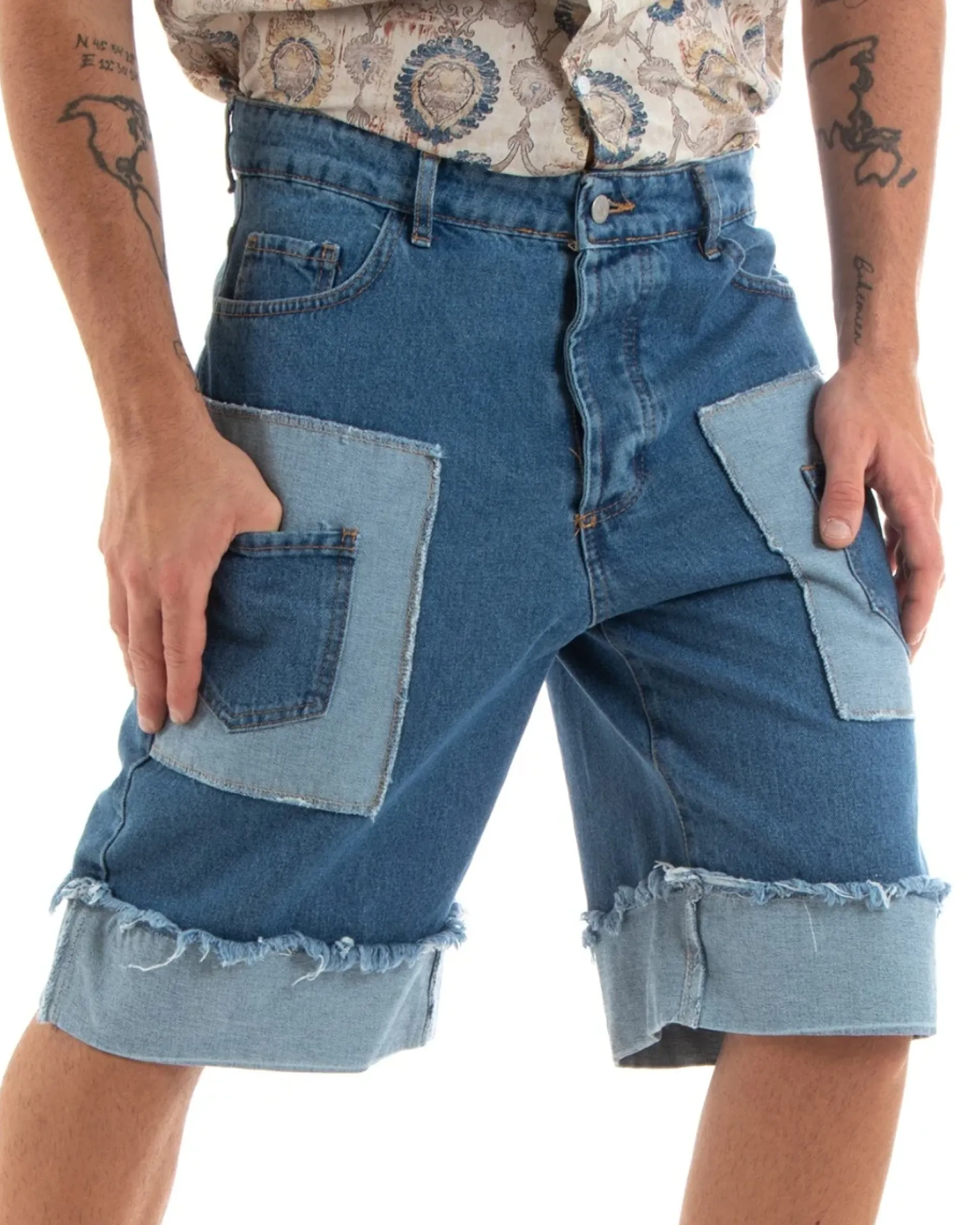 Bermuda Pantaloncini Uomo Jeans Ripped Toppe Denim GIOSAL-PC1941A