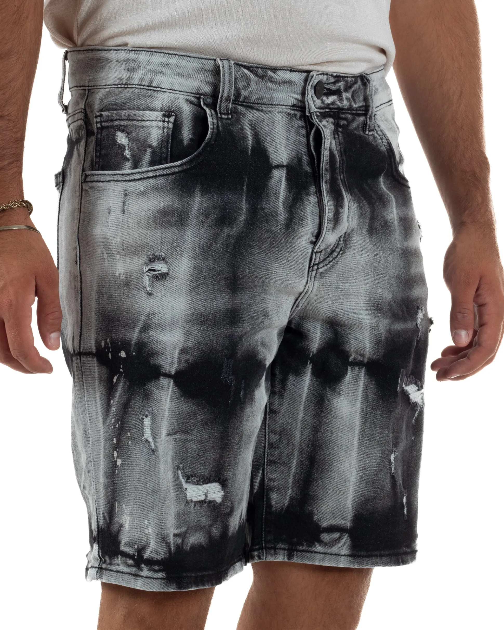 Bermuda pantaloncini uomo jeans abrasioni effetto tie-dye used denim nero GIOSAL-PC2057A