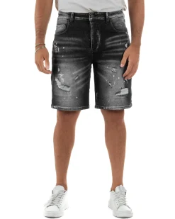 Bermuda pantaloncini uomo jeans rotture cinque tasche effetto used denim nero GIOSAL-PC2055A