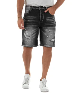 Bermuda pantaloncini uomo jeans rotture cinque tasche effetto used denim nero GIOSAL-PC2055A