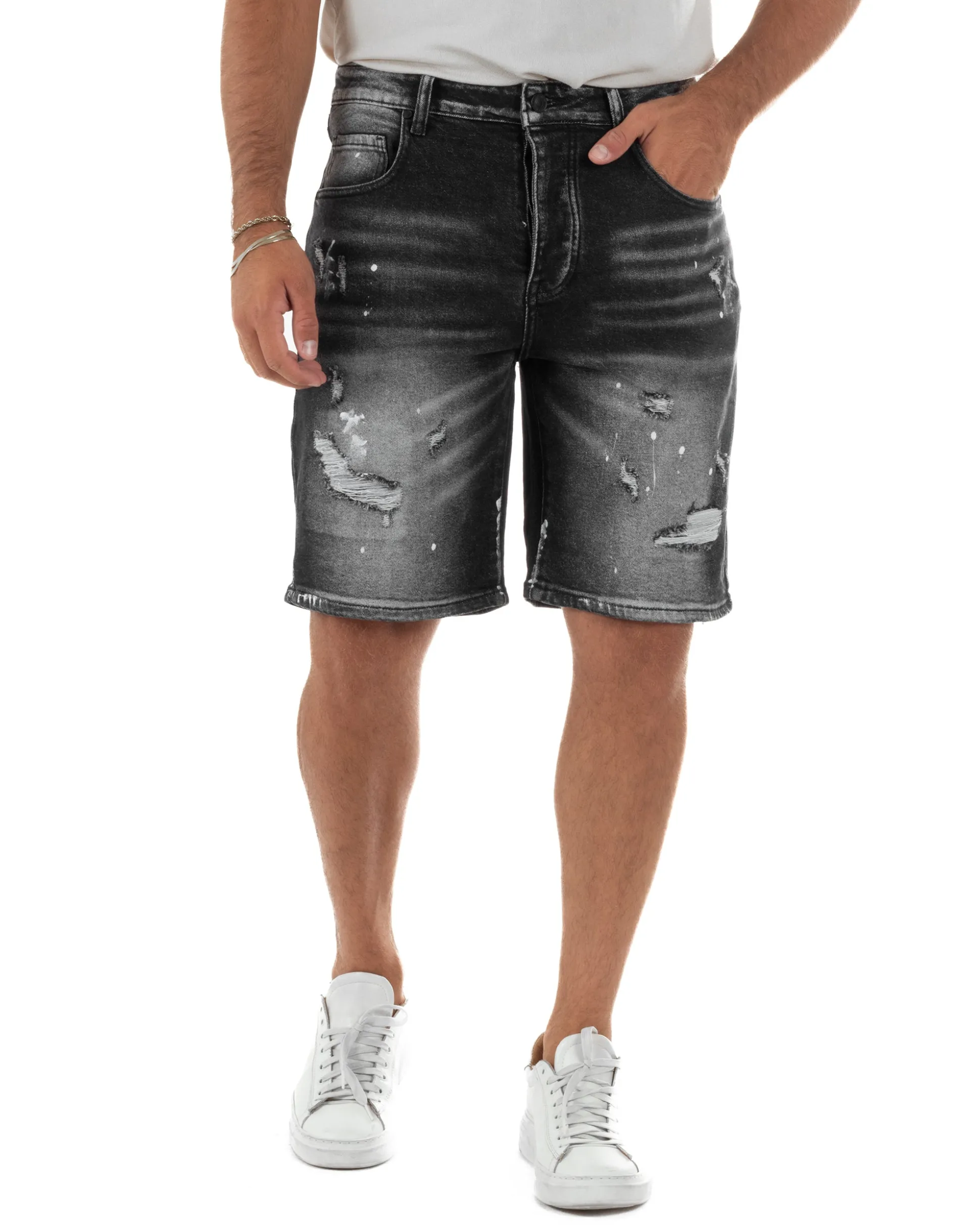 Bermuda pantaloncini uomo jeans rotture cinque tasche effetto used denim nero GIOSAL-PC2055A