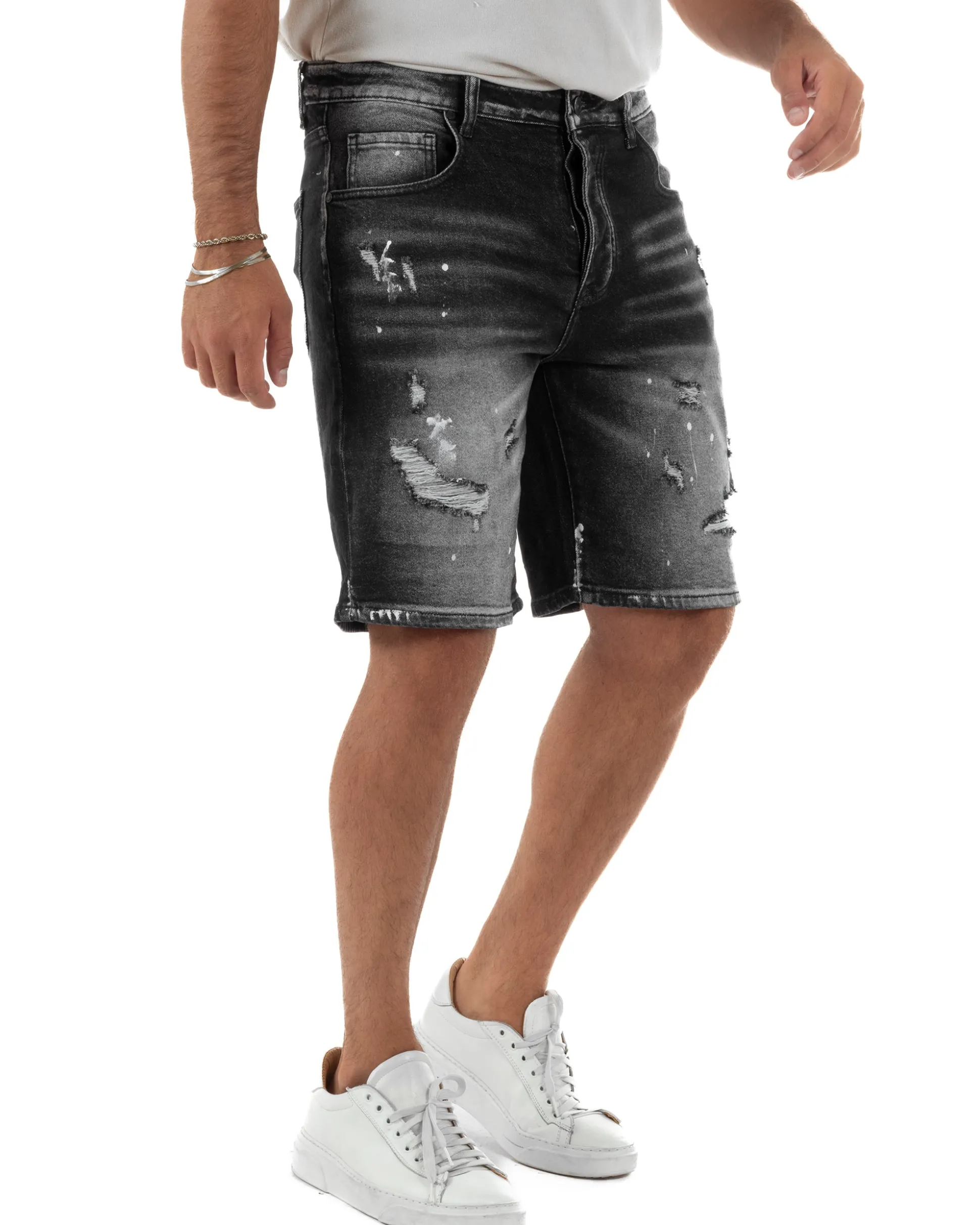 Bermuda pantaloncini uomo jeans rotture cinque tasche effetto used denim nero GIOSAL-PC2055A
