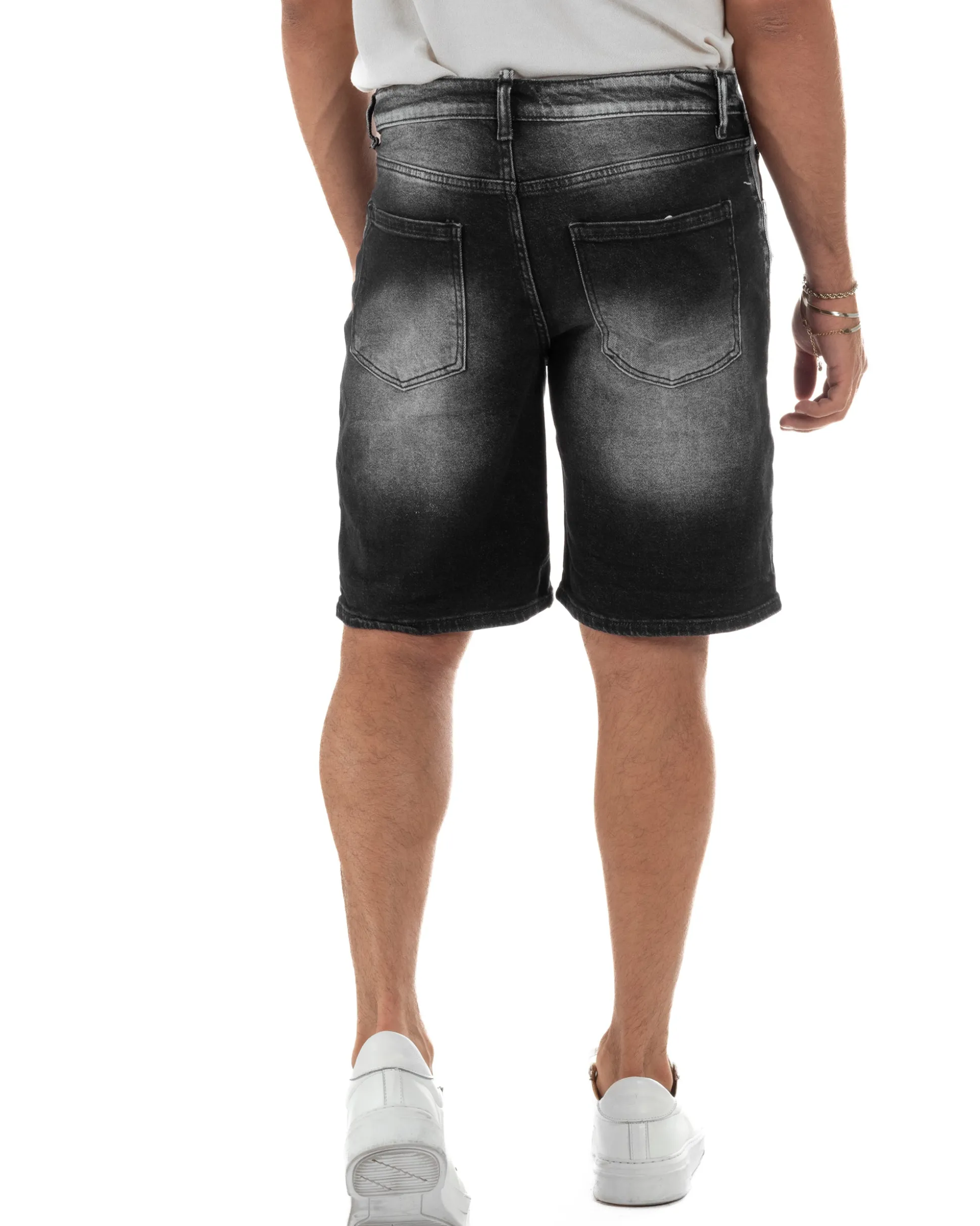 Bermuda pantaloncini uomo jeans rotture cinque tasche effetto used denim nero GIOSAL-PC2055A
