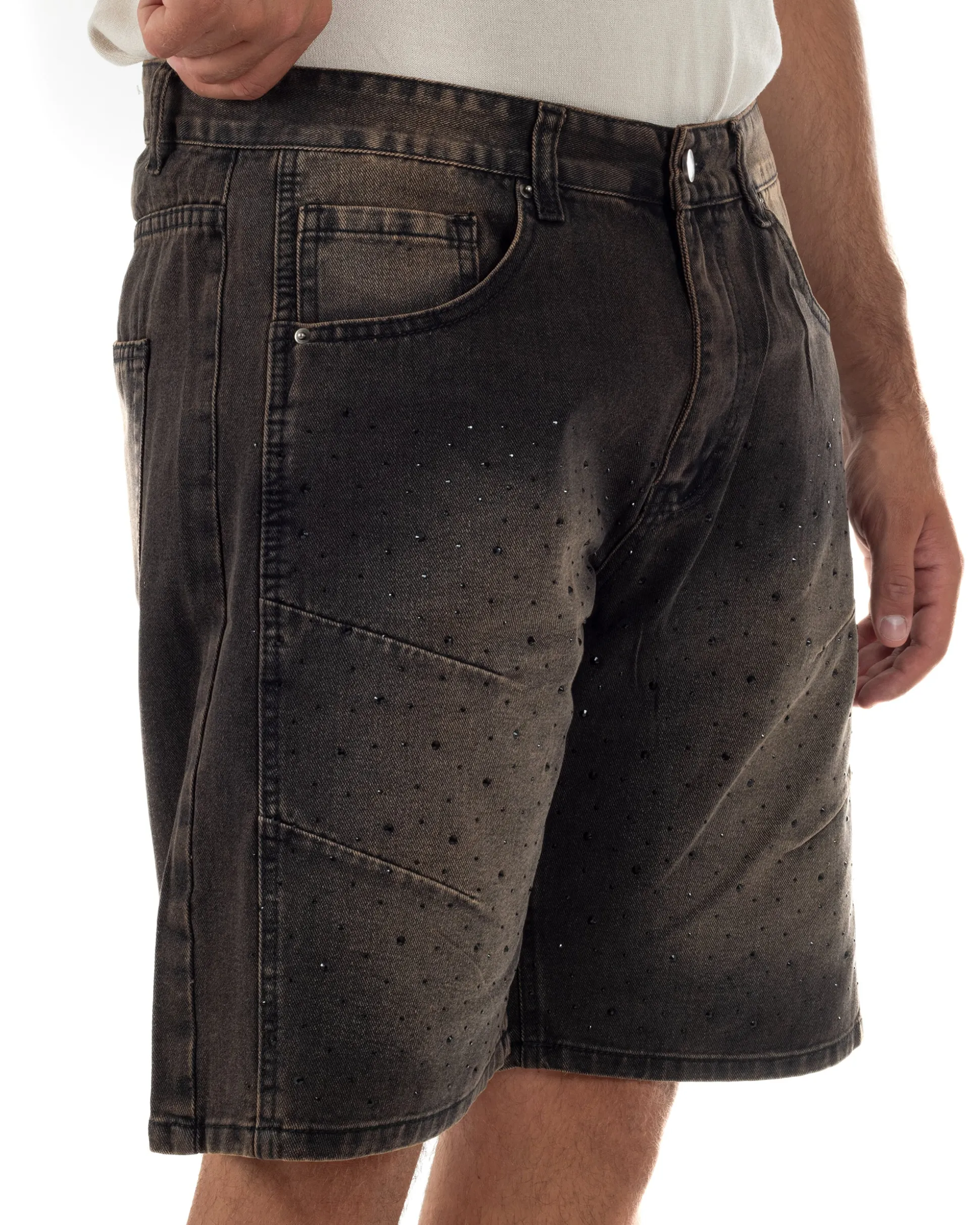 Bermuda pantaloncini uomo jeans con strass cinque tasche denim marrone GIOSAL-PC2053A