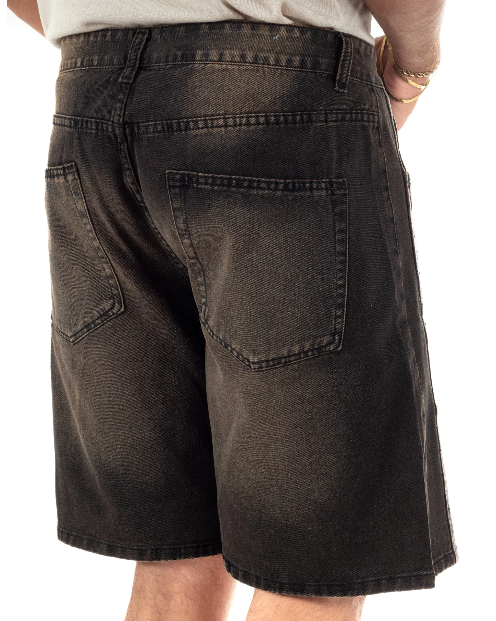 Bermuda pantaloncini uomo jeans con strass cinque tasche denim marrone GIOSAL-PC2053A